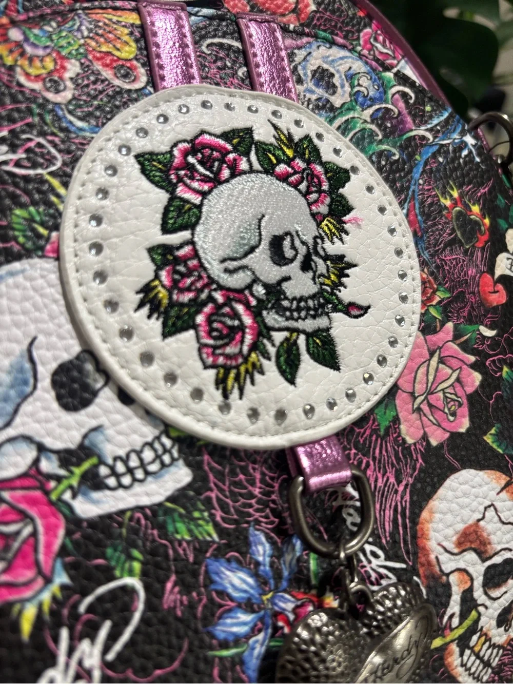 Ed Hardy Black Floral Skull Mini Backpack with Pink Accents